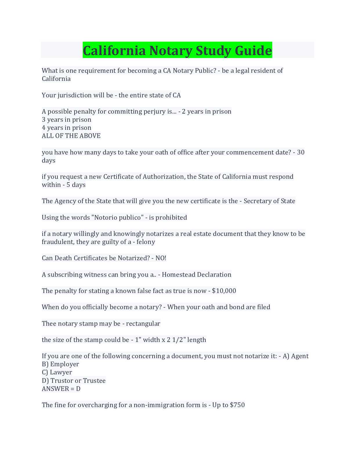 California Notary Study Guide Latest Update Browsegrades